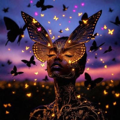 The primary subject of the image is a woman with a butterfly face mask. She is wearing a mask that has butterflies on it, and she is surrounded by a field of butterflies. The setting is a field with a purple sky in the background. The visual style of the image is a combination of a photo and digital art, creating a unique and artistic representation of the woman and the butterflies. The colors and mood of the image are vibrant and lively, with the